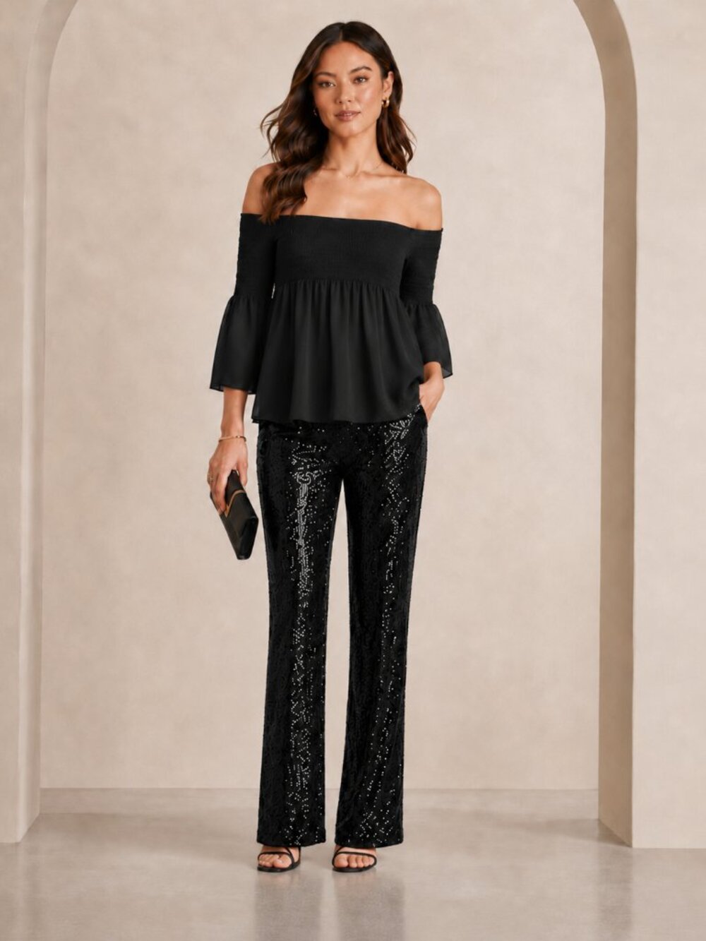 ZARA Black Sequin Straight-Leg Pants (XS)